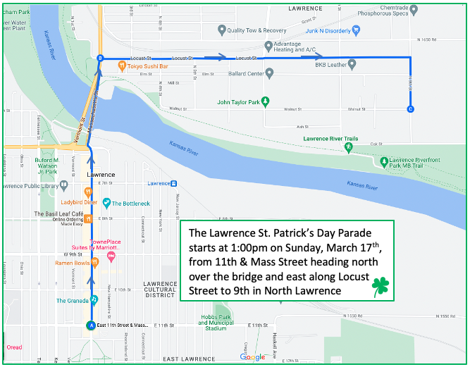 Parade Route Map from South Park through downtown and North Lawrence